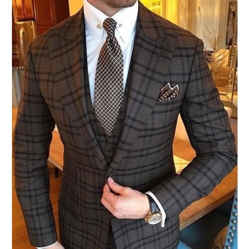Mens Vintage 3 Piece Grey Plaid Suits Notch Lapel Men Slim Fit Suits Groomsmen Tuxedos Wedding Suits(jacket+pant+vest)