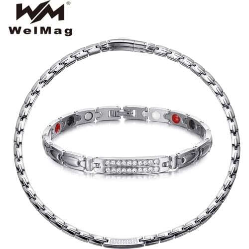 Welmag Stainless Steel Set For Women Crystal 4 Elements Necklace Bracelet Magnetic Energy Bangles Dropship 2021