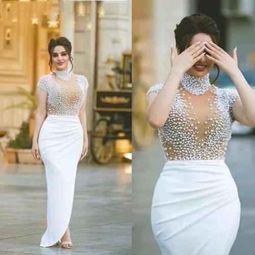 New Arrival High Neck Beading evening dress white mermaid evening gowns Beaded Formal dress Party long dress