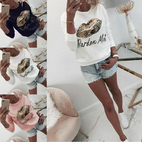 Casual Womens Pearl Beaded Lips Print Hoodie O neck Sweatshirt Pullover Jumper Long Sleeve Jumper Tops