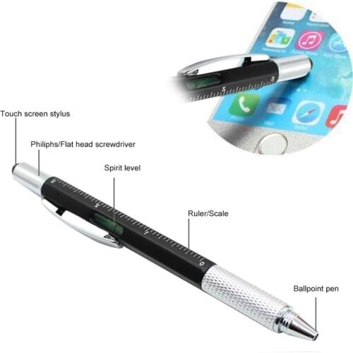 Six In One Tool Ballpoint Pen Screwdriver Ruler Spirit Level with A Top and Scale Multi-function Metal&Plastic Pen Stationery