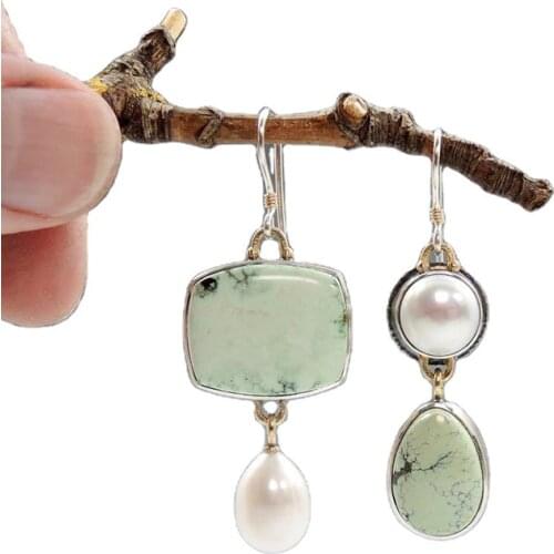 Vintage Women Earrings Jewelry Accessories Fashion Handmade Geometric Agate Pearl Earrings Statement Asymmetrical Earrings