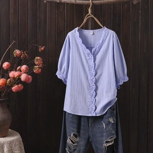 Plus Size V-neck Short Sleeve Summer Tops Women Casual Vintage Full Cotton Tshirts Vintage A-line Shirts