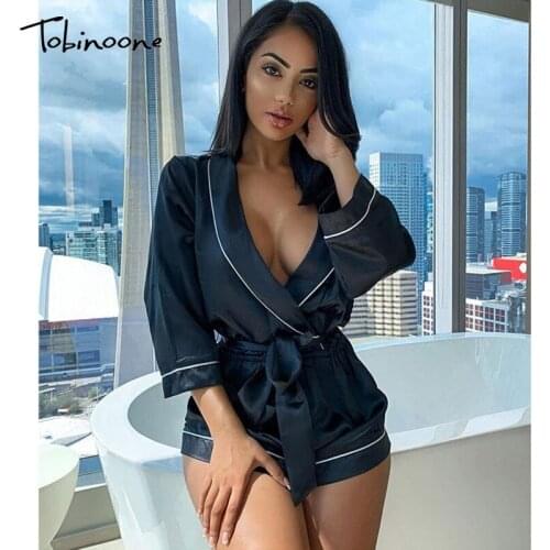 Tobinoone Sexy Rompers womens jumpsuit Long Sleeve Women Clubwear Shorts Playsuit Autumn Bodycon Party Satin Jumpsuit Romper