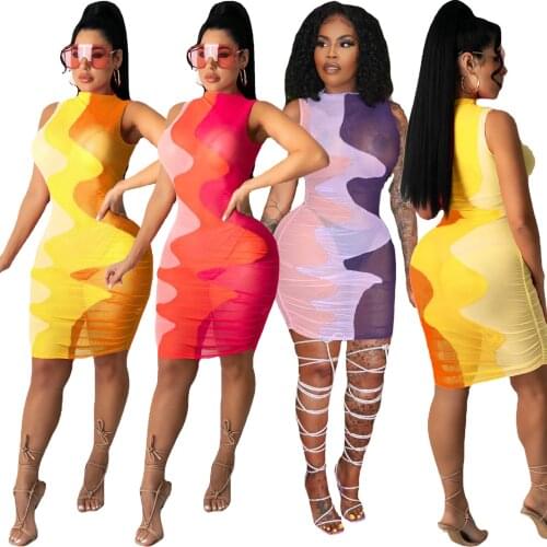 Color block women mini dress sexy night club party see through sheer mesh skinny
