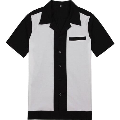 1950s Rockabilly Shirt Men Western Cowboy Short Sleeve Shirts Colorblock Pocket Punk Rave Uniforms Rolling Rock Shirt Male S-XL
