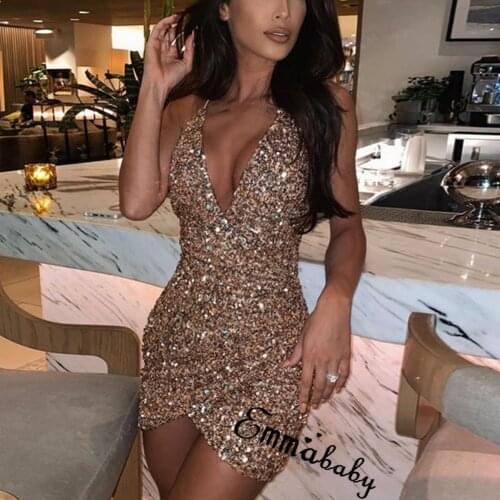 2020 Pole dance Sexy Dress Women Sequin Dress Glitter V Neck Mini Dress Spaghtti Strap Evening Party Dress Club Wrap Dresses New