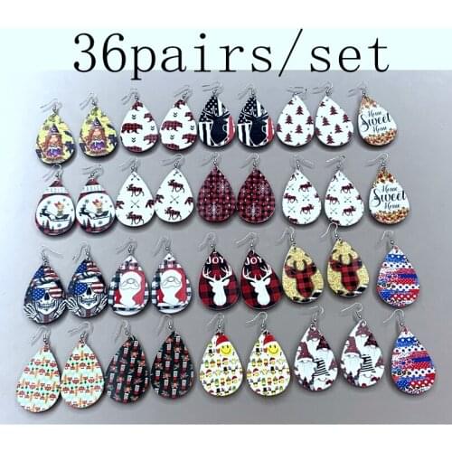 36pairs/set stock Buffalo Plaid Redeer Christmas Tree Santa Earrings Leather Teardrop Earrings for Women 2021