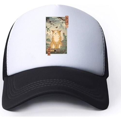 90s Japanese Anime Cat Casual Plain Mesh Baseball Cap Adjustable Snapback Hats for Women Men Hip Hop Trucker Cap