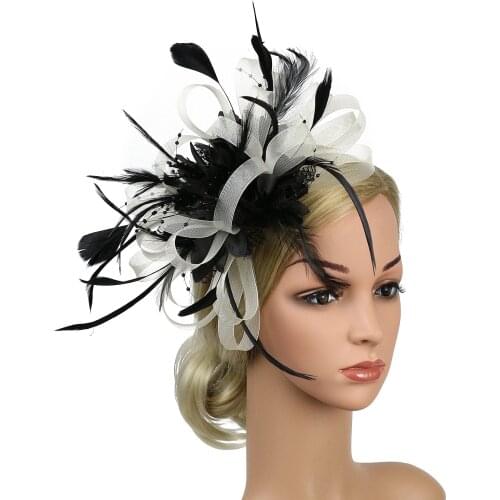 Hirigin Elegant Women Fascinators Hat Wedding Party Church Hairband Flower Ribbons Mesh Feather Hair Clip Headdress Ladies