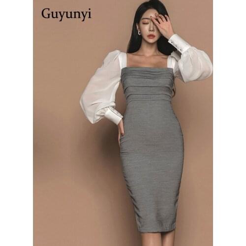 Elegant Lady Office Dress White Chiffon Puff Sleeves Stitching Grey Pencil Dress Spring Autumn Athens Generous Women Party Dress