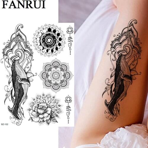 FANRUI Dolphin Mandala Flower Black Henna Temporary Tattoos Sticker Fake Tattoo Rose Sexy Body Art Arm Custom Tatoos For Women
