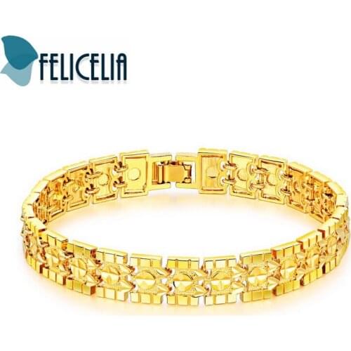 Felicelia New Arrival Mens Gold Color Link Bracelet Bangle Wedding Engagement Gift For Men Women Unisex Luxury Jewelry, 2 Sizes