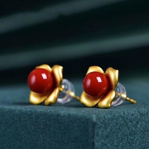 Natural Hetian Jade Flower Stud Earrings S925 Sterling Silver Small Exquisite Southern Red Agate Petal Stud Earrings Vintage Orn