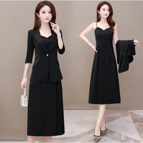 Dress Sets Plus Size 4XL 3/4 Sleeve Blazer Jacket+solid Casual Midi Black Strap Dresses 2 Piece Set Office Work Lady Suit X346