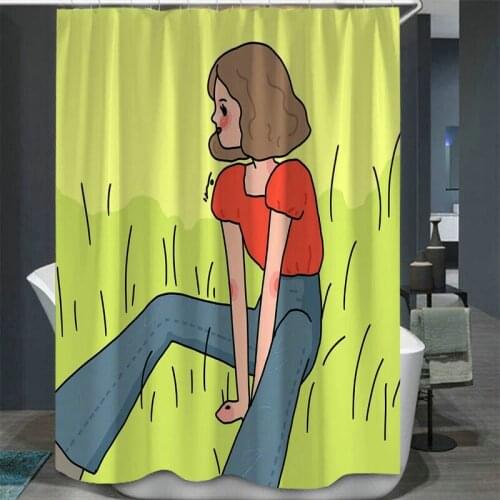 Handsome Girl Illustration Shower Curtain Set with 12 Hooks Bathroom Decoration Waterproof Polyester