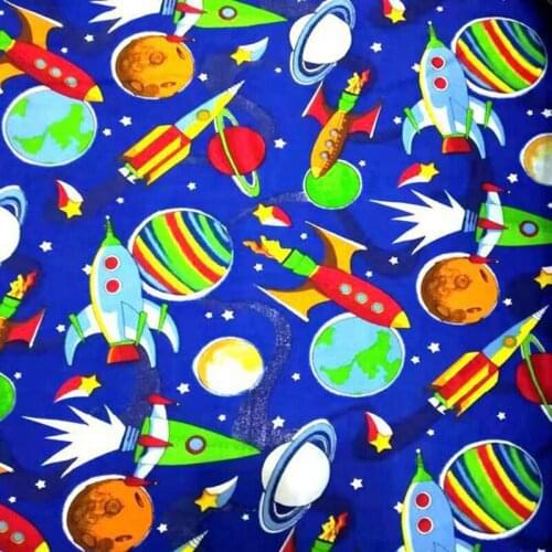 Cool Wide 105cm Cartoon Blue-bottomed Universe Spaceship Printing 100% Cotton Fabric Sewing DIY Children T-shirt Clothing Dress