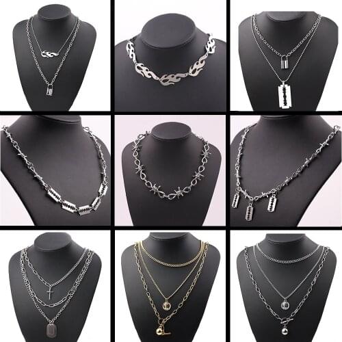 Hip hop Punk Multi Layer Lover Lock Pendant Choker Necklace Harajuku Flame Necklace Wire Brambles Chain Necklace Blade Necklaces