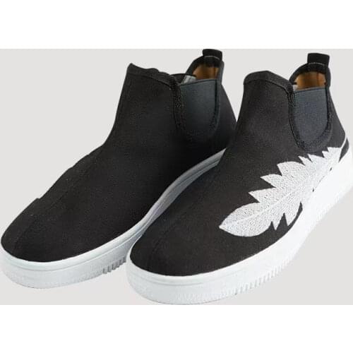Mens Kungfu Tai Chi High-Top Sneakers White feather embroidery Artistic Shoes Comfortable Autumn Canvas Black Versatile Flats