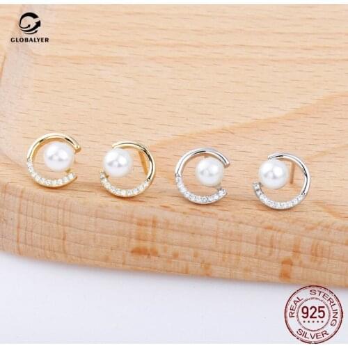 Korean niche premium sense S925 sterling silver micro-set zircon C-shaped natural freshwater pearl earrings Free shipping 572