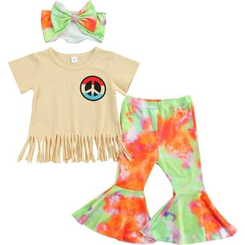 Pudcoco 1-6Y 3Pcs Baby Girls Toddler Kids Infant Tassels Short Sleeve O-Neck T-Shirt Top+Flare Pants+Bow Headband Outfit Sets