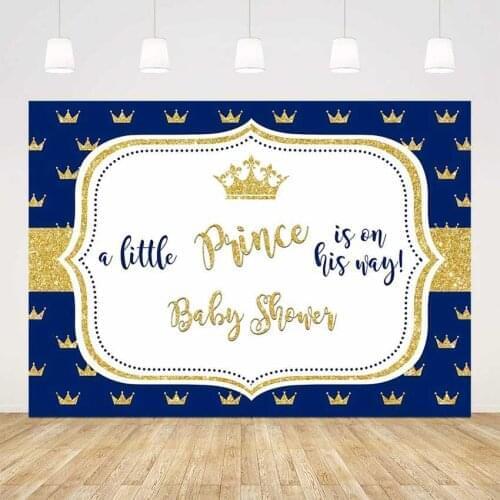 Prince Baby Shower Backdrop gold glitter crown blue background for photo studio little boy gender reveal backdrops