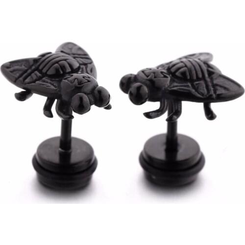 For Woman Man Earring Black Fly Shape Ear Stud Stainless Steel Ear Piercing Jewelry 1 Pair