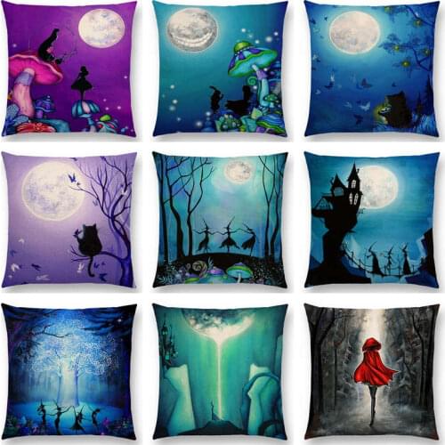 Alice Dreams Cute Cat Magical Moon Night Wonderland Emerald Forest Witches Halloween Dance Cushion Cover Sofa Throw Pillow Case