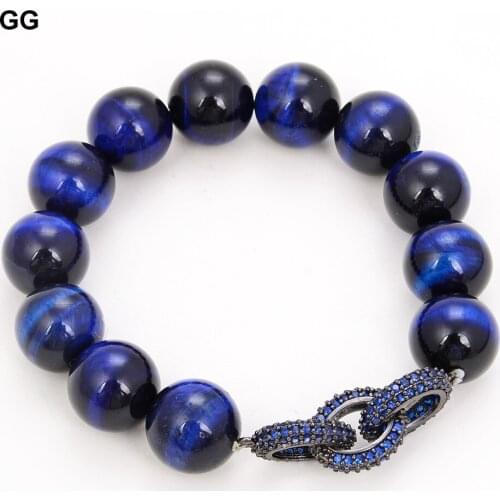 GuaiGuai Jewelry Natural Stone 14mm Round Blue Tiger Eye Cz pave Ring Chain Connector Stretch Bracelet Classic Lady Jewelry