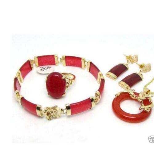 Jewelry Natural Red Jade Dragon Pendant Necklace Ring Bracelet Earring Set