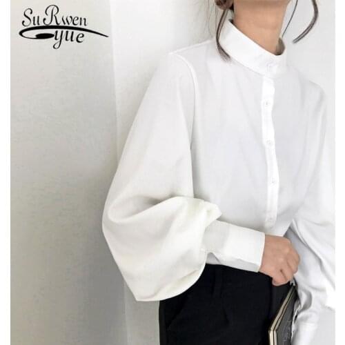 Blue Puff Sleeve Collar Shirt Women Loose Designer Ladies Tie Top Summer Top Vintage Blouse Korean Fashion Clothing Blusas 14636