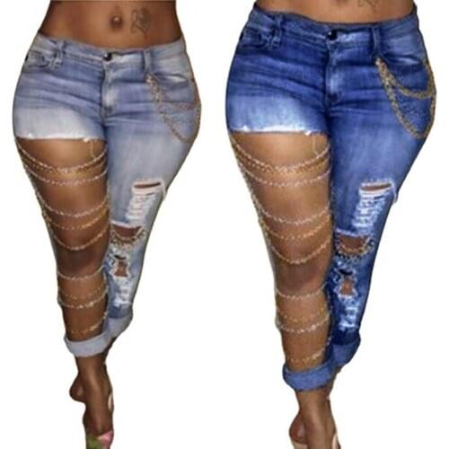 2021 Summer Fashion Women Jeans Mid Rise Stretchy Exaggerated Ripped Holes Skinny Pencil Pants Trousers for Daily Wear