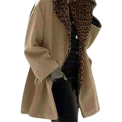 Women Long Sleeve Jackets Leopard Print Lapel Coat Single Button Autumn Winter Flap Pockets Long Warm Woolen Coat Outerwear 2021