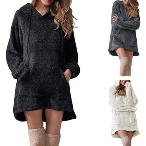 Women Long Sleeve Plush Hoodies Lady Autumn Winter Warm Solid Fluffy Hoody Flannel Pullover Pajama Loose Hooded Sweatshirts Top