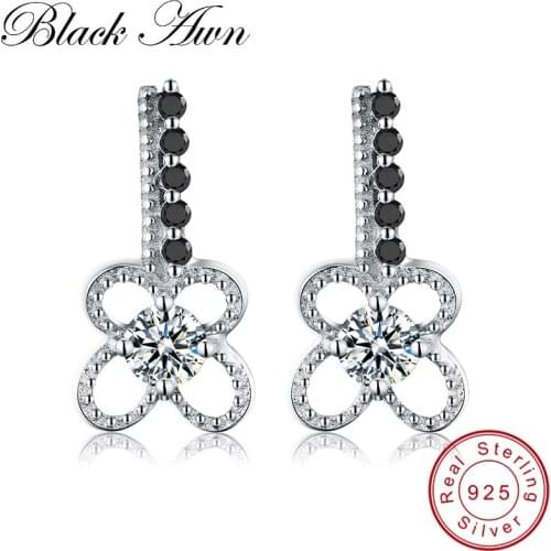 [BLACK AWN] 1.8g 925 Sterling Silver Jewelry Trendy Black Spinel Flower Wedding Earrings for Women T081