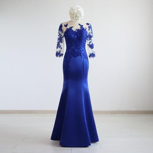 Royal Blue Satin Lace 3/4 Sleeves Floor-Length Mermaid/Trumpet Mother Of The Bride Dresses Custom Made