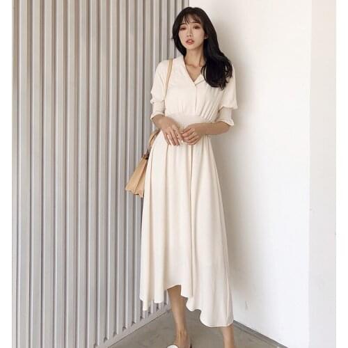 2021 Summer New Retro Simple Solid Color Sexy V-neck High Waist Slim Dress Temperament Women A-line Long Dress Free Shipping