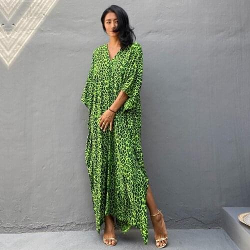 2021 Beach Kaftan Bikini Cover-ups Bohemian Printed Summer Midi Dress Tunic Women Beach Wear Swim Suit Cover Up Q1226