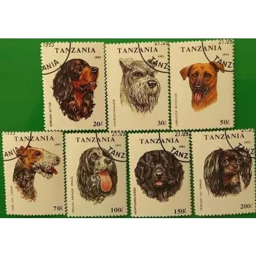 7 PCS / Set,1993,Tanzania Post Stamps,Dog Stamps,Animal Stamps,Used with Post Mark,Stamp Collection