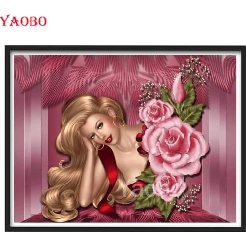 Full Square/Round Drill 5D DIY Diamond Painting Pretty woman with pink roses 3D Embroidery Cross Stitch Home Decor Handicraft