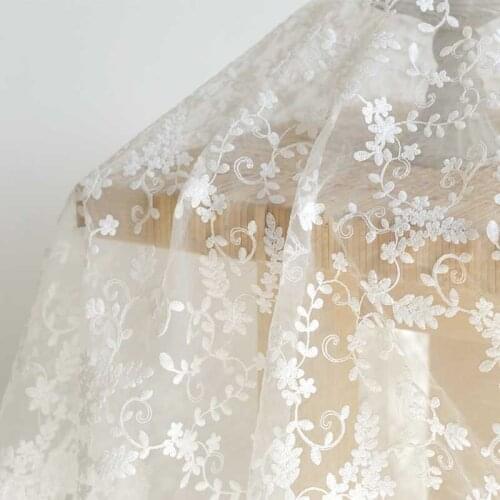 WHITE Organza Fabric Embroidered Lace Small Flower Floral for Handwork Tablecloth Wedding SummerDress Shirt Blouse Craft Decor