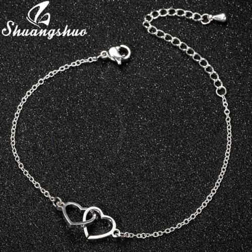 Shuangshuo Stainless Steel Women Bracelet Charm Heart Bracelets Double Heart Pendant Bangles Femme Fashion Lover Gifts