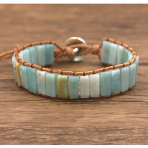 Boho Jewelry Leather Cord Wrap Bracelet For Women Amazonite Stone Beaded Bracelet Dropshipping Handmade Jewelry