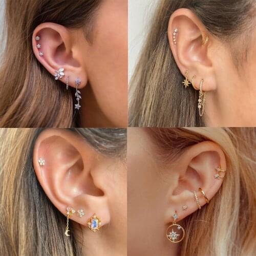 Zircon Stud Earrings Set for Women Romantic Butterfly Earrings Moon Stars Earrings Set Wholesale Jewelry Copper Ear Ring