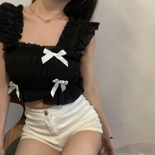 Korean Style Chic Design Camisole Cute Tops New Camis Women Soft Bow Cropped Solid Students Casual Sexy Sweet Slim Summer White