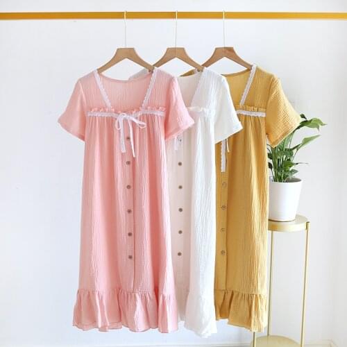 Summer Night Dress for Women Pure Cotton Crepe Sleep Skirt Short Sleeve Nightgown Famale Thin Loose Casual Comfortable Home Skir