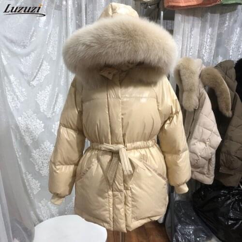 Luzuzi Glossy Down Jacket Womens Winter 2021 New White Duck Down Coat Large Real Raccoon Fur Collar Hooded Warm Coat Outwear