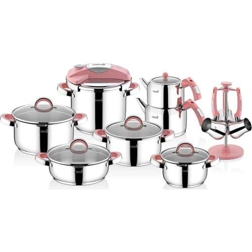 Neva N2440 18 Piece Lotus Steel Cookware Teapot Coffee Pot Set Pink 18/10 Stainless Steel Inox Made in Turkey