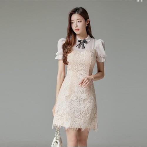 New 2021 Summer Women Dress Puff Sleeve Patchwork Mesh High-End Korean Bow Sheath Lace Dresses