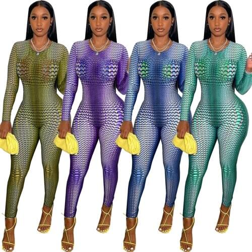 Ready to Ship New style fashion casual round neck long sleeve invisible zipper 2021 sexy bodysuit printed jumpsuits